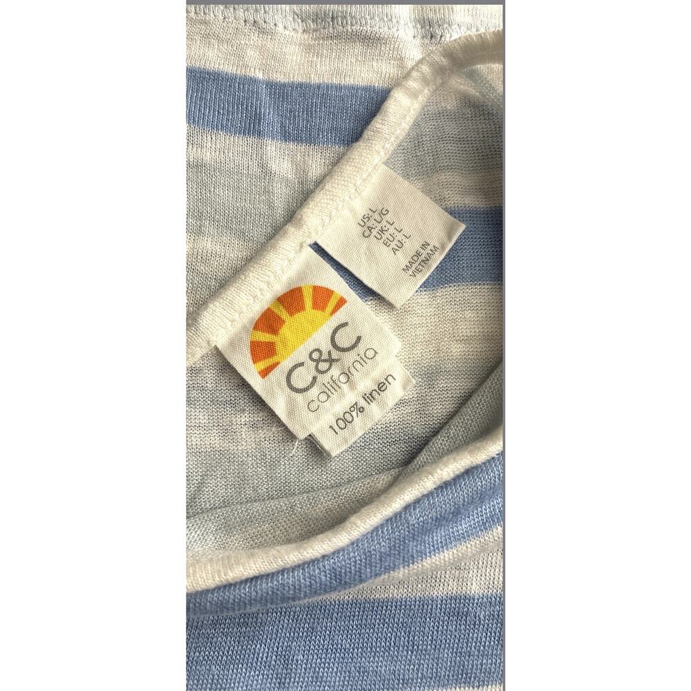 C&C California Wmn Blue Stripe Reversible Top 100% Linen Coastal Beach L - Picture 3 of 5